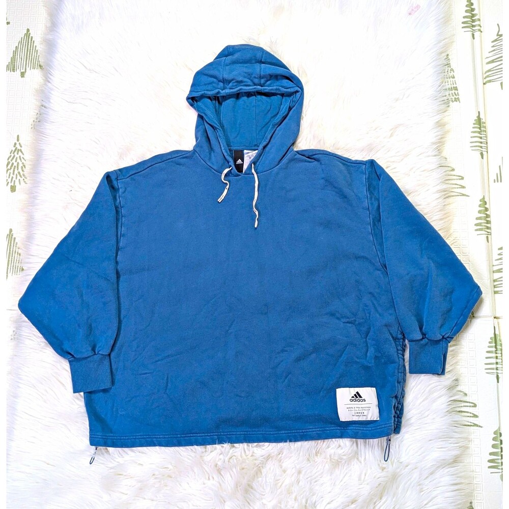 adidas Mens S Blue Cotton Fleece Pullover Hoodie Logo Drawstring Athleisure